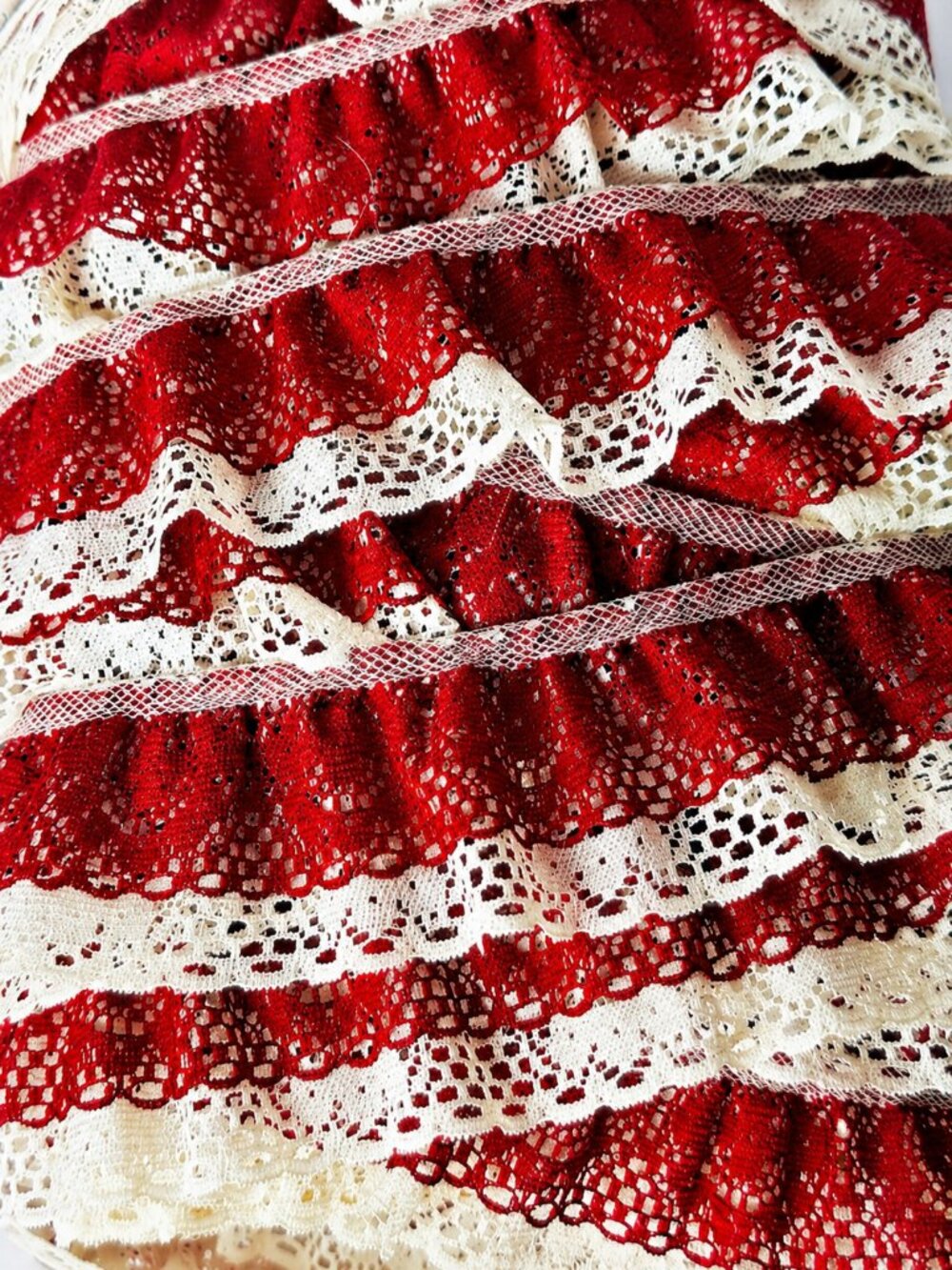 Vintage Red & Cream Ruffled Lace Trim 6+ Yards Continuous Cotton Crochet Floral